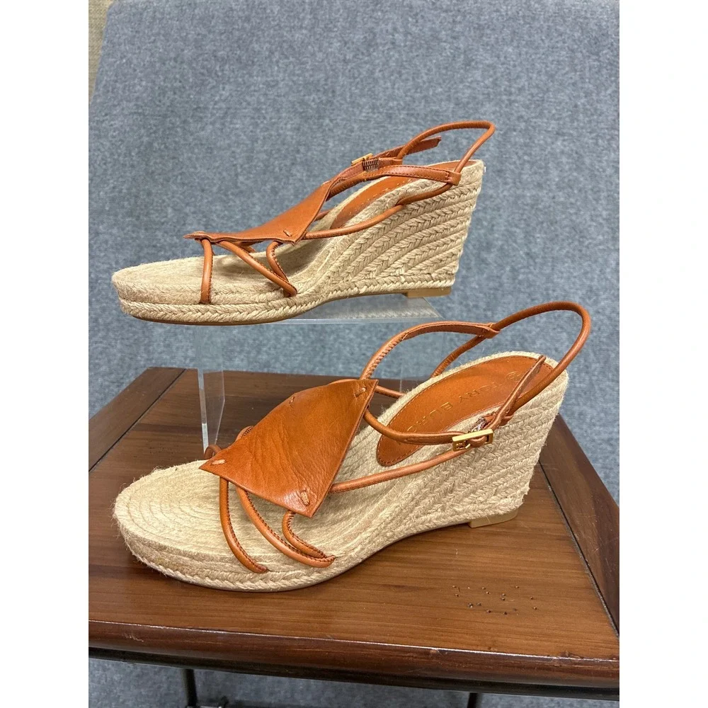 Tory Burch Tan Leather Strappy Espadrille Wedge Sandals Size 7.5 NEW